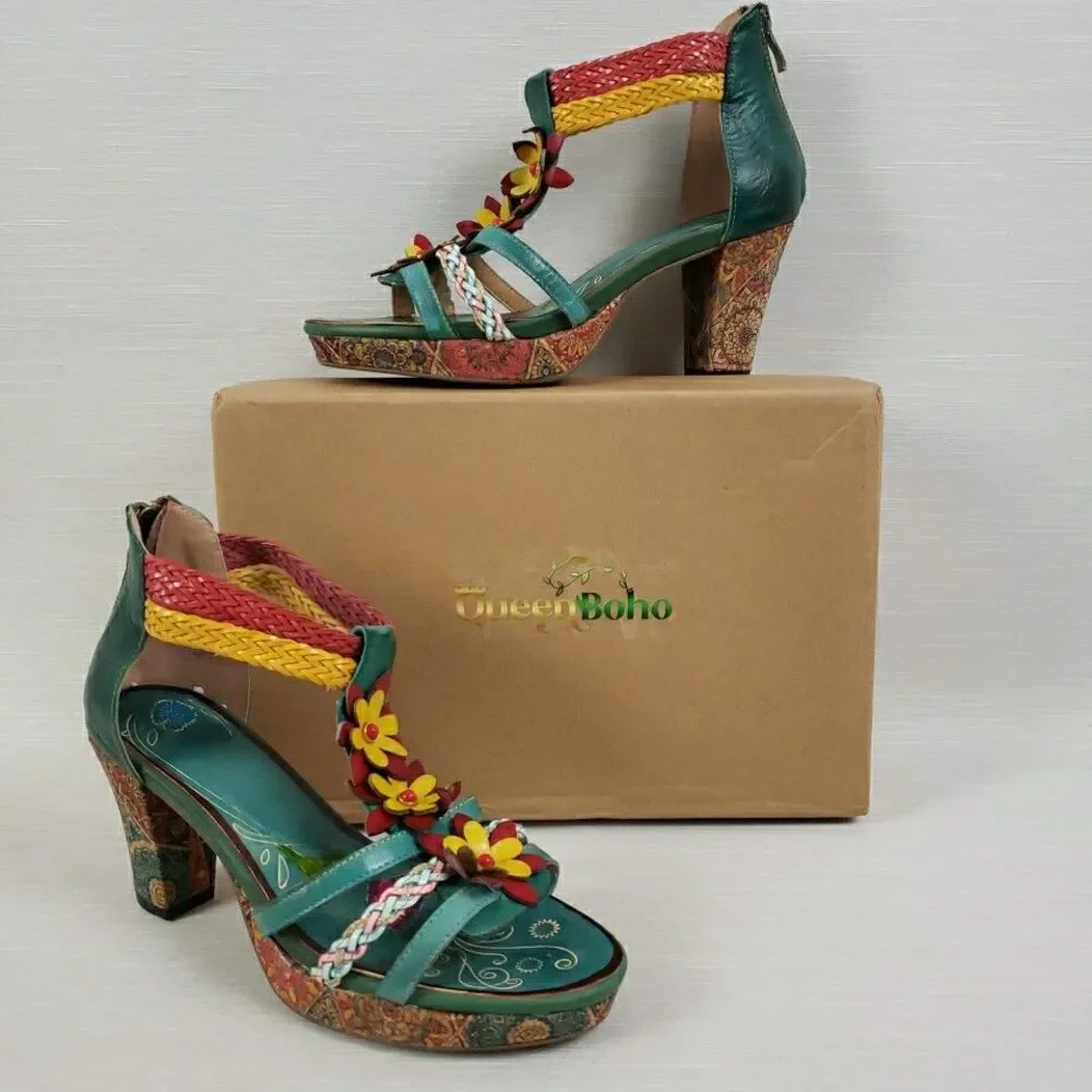 Leather Heel Sandal Flowers Multi Teal Zipper Closure Strappy Braid Boho Women 8